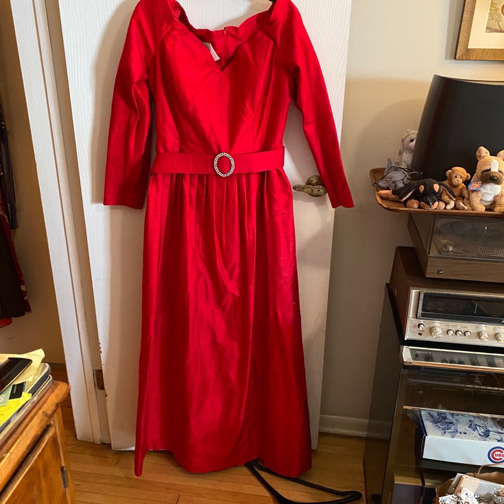 Floor-length red silk dress